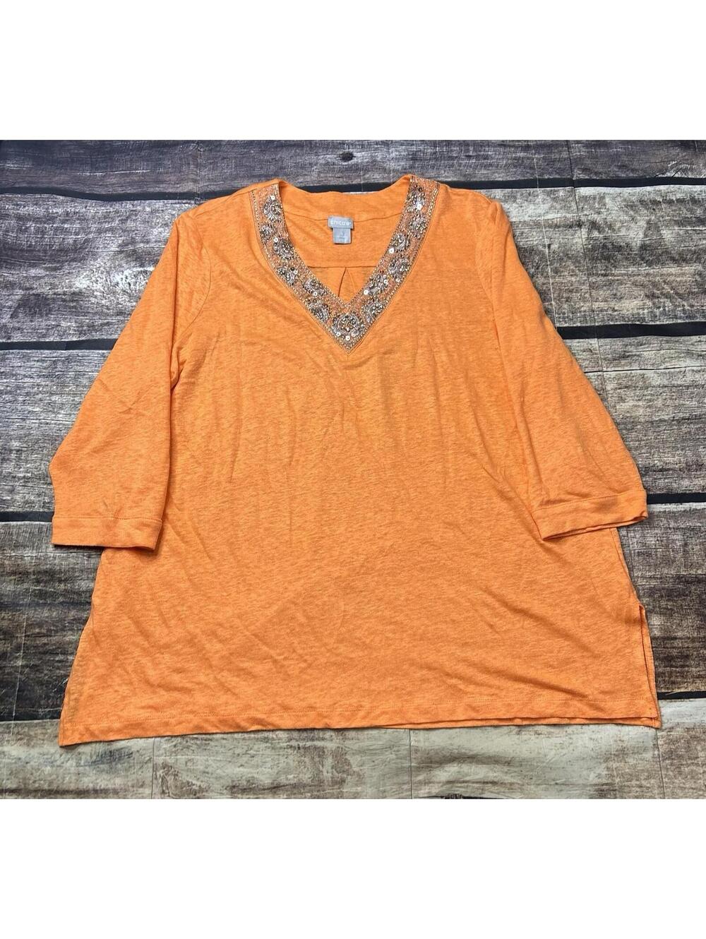 Chicos Top Womens Size 3 XL Linen Embellished V-Neck 3/4 Sleeve Tunic